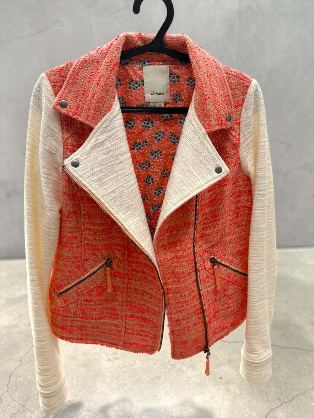 Anthropologie Elevenses Neon Orange‎ and Ivory Tweed Knit Moto Jacket - Size 4